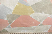 Load image into Gallery viewer, This geometric-patterned fabric features an impressive combination of colors, including blush, gray, gold, cream and stone.  It has been tested for resistance to wear and tear with an astounding 40,000 double rubs and is treated with a soil and stain repellant finish.  The versatile fabric is perfect for window accents (draperies, valances, curtains and swags) cornice boards, accent pillows, bedding, headboards, cushions, ottomans, slipcovers and upholstery.  
