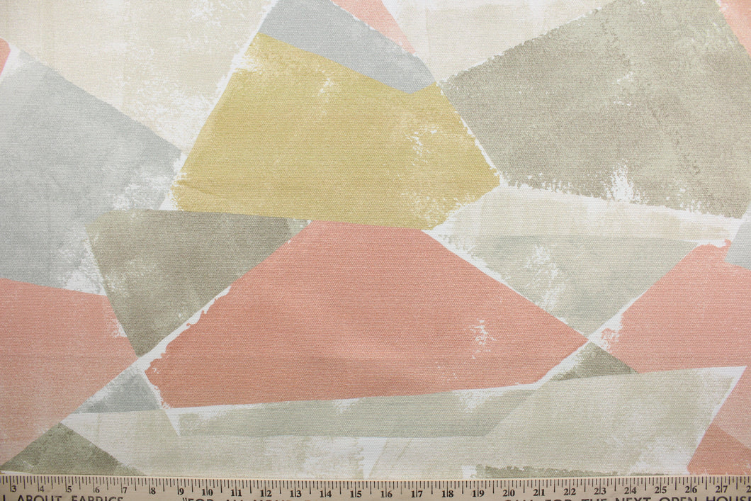 This geometric-patterned fabric features an impressive combination of colors, including blush, gray, gold, cream and stone.  It has been tested for resistance to wear and tear with an astounding 40,000 double rubs and is treated with a soil and stain repellant finish.  The versatile fabric is perfect for window accents (draperies, valances, curtains and swags) cornice boards, accent pillows, bedding, headboards, cushions, ottomans, slipcovers and upholstery.  