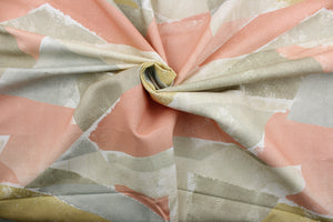 This geometric-patterned fabric features an impressive combination of colors, including blush, gray, gold, cream and stone.  It has been tested for resistance to wear and tear with an astounding 40,000 double rubs and is treated with a soil and stain repellant finish.  The versatile fabric is perfect for window accents (draperies, valances, curtains and swags) cornice boards, accent pillows, bedding, headboards, cushions, ottomans, slipcovers and upholstery.  