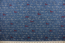 Load image into Gallery viewer,  PK Lifestyles© I Love You in Denim features a stylish script design crafted with 100% soft cotton, in beige, denim, and red.  The multi use fabric is perfect for window treatments, decorative pillows, custom cushions, bedding, light duty upholstery applications and almost any craft project.  It is durable with 51,000 double rubs.
