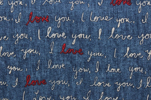  PK Lifestyles© I Love You in Denim features a stylish script design crafted with 100% soft cotton, in beige, denim, and red.  The multi use fabric is perfect for window treatments, decorative pillows, custom cushions, bedding, light duty upholstery applications and almost any craft project.  It is durable with 51,000 double rubs.