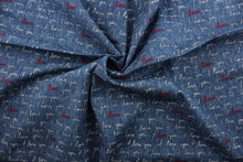 Load image into Gallery viewer,  PK Lifestyles© I Love You in Denim features a stylish script design crafted with 100% soft cotton, in beige, denim, and red.  The multi use fabric is perfect for window treatments, decorative pillows, custom cushions, bedding, light duty upholstery applications and almost any craft project.  It is durable with 51,000 double rubs.

