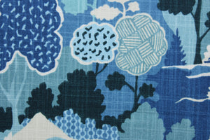  Washburn is a printed Asian inspired fabric that features abstract blooming flowers and trees in shades of blue and white.  The multi use fabric is perfect for window treatments, decorative pillows, custom cushions, bedding, light duty upholstery applications and almost any craft project.  This fabric has a soft workable feel yet is stable and durable with 50,000 double rubs.