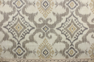 Kantha is a cotton-linen blend with a stain-resistant finish, it features an elegant ikat medallion print in shades of brown and beige. This high-performance fabric offers 50,000 double rubs for added durability.  It can be used for several different statement projects including window accents (drapery, curtains and swags), decorative pillows, hand bags, bed skirts, duvet covers, upholstery and craft projects.  