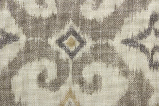 Kantha is a cotton-linen blend with a stain-resistant finish, it features an elegant ikat medallion print in shades of brown and beige. This high-performance fabric offers 50,000 double rubs for added durability.  It can be used for several different statement projects including window accents (drapery, curtains and swags), decorative pillows, hand bags, bed skirts, duvet covers, upholstery and craft projects.  