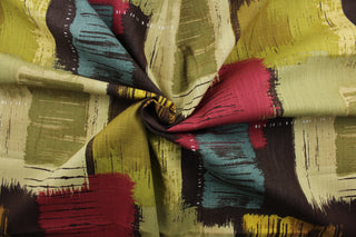 Covington© Beyond in Earth makes any room come alive with its multiuse, contemporary geometric design. Printed on a two-way slub, its multicolored blend of brown, beige, yellow, red, olive green, and blue green will take your décor to the next level.  Perfect for window treatments, decorative pillows, custom cushions, bedding, light duty upholstery applications and almost any craft project.  