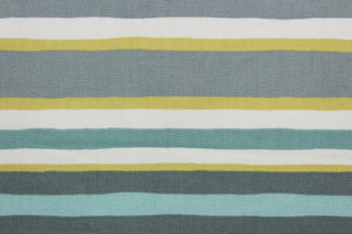 This fabric features a multi width stripe design in grey, spa green, teal, dark yellow and white.  It can be used for several different statement projects including window accents (drapery, curtains and swags), decorative pillows, hand bags, bed skirts, duvet covers, upholstery and craft projects.  