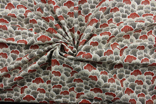  Toki is a printed Asian inspired fabric that features scalloped abstract blooming flowers in vintage red, beige, taupe and black.  The multi use fabric is perfect for window treatments, decorative pillows, custom cushions, bedding, light duty upholstery applications and almost any craft project.  This fabric has a soft workable feel yet is stable and durable with 50,000 double rubs.