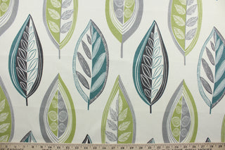 Lassiter is a high-quality upholstery fabric featuring a printed leaf pattern, available in spa blue, fern green, light grey and charcoal, with a crème background.  With 50,000 double rubs, this luxurious and stylish fabric is sure to stand up to many years of wear and tear. It can be used for several different statement projects including window accents (drapery, curtains and swags), decorative pillows, hand bags, bed skirts, duvet covers, upholstery and craft projects.   