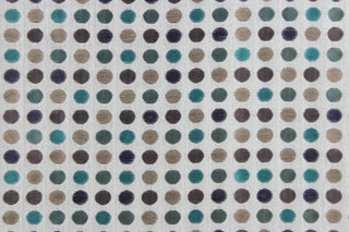 This fabric features a geometric design in blue, teal, turquoise, tan, and brown set against a pale gray. 