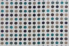 Load image into Gallery viewer, This fabric features a geometric design in blue, teal, turquoise, tan, and brown set against a pale gray. 
