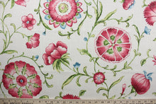 Load image into Gallery viewer, Roundelay offers a timeless floral and vine print with hints of blue, shades of pink and green against an off white background.  The fabric is soil and stain repellant, protecting against everyday wear and tear for a long lasting look.  The versatile fabric is perfect for window accents (draperies, valances, curtains and swags) cornice boards, accent pillows, bedding, headboards, cushions, ottomans, slipcovers and light duty upholstery.  
