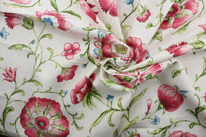 Roundelay offers a timeless floral and vine print with hints of blue, shades of pink and green against an off white background.  The fabric is soil and stain repellant, protecting against everyday wear and tear for a long lasting look.  The versatile fabric is perfect for window accents (draperies, valances, curtains and swags) cornice boards, accent pillows, bedding, headboards, cushions, ottomans, slipcovers and light duty upholstery.  