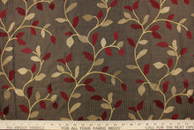Load image into Gallery viewer,  This fabric features a embroidery vine and leaf design in dark red, gold and tan against a dark brown . 
