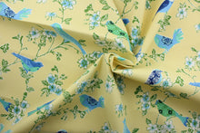 Load image into Gallery viewer, Tweet Toile is an outdoor fabric featuring various colored birds perched on flowering tree branches.  It is perfect for any project where the fabric will be exposed to the weather.  It is water repellant and can withstand 500 hours of direct sunlight.  Strong and durable with a rating of 22,000 double rubs. 
