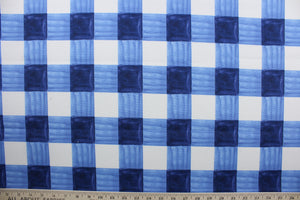  Painterly Plaid is perfect for outdoor environments.  It features a classic buffalo check pattern in the shades of blue and white, and has a durability rating of 13,000 double rubs. This upholstery fabric is stylish, sturdy, and sure to stand the test of time.  Uses include cushions, tablecloths, upholstery projects, decorative pillows and craft projects. This fabric has a slightly stiff feel but is easy to work with.  