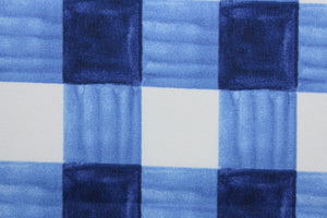  Painterly Plaid is perfect for outdoor environments.  It features a classic buffalo check pattern in the shades of blue and white, and has a durability rating of 13,000 double rubs. This upholstery fabric is stylish, sturdy, and sure to stand the test of time.  Uses include cushions, tablecloths, upholstery projects, decorative pillows and craft projects. This fabric has a slightly stiff feel but is easy to work with.  