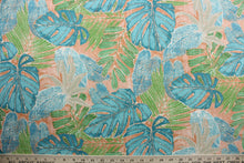 Load image into Gallery viewer,  Batik Leaves is a water-repellent outdoor fabric featuring a lively tropical leaf pattern in bright hues of blue, green, pale gray, and orange.  With its durable 15,000 double rubs finish, this fabric is perfect for any outdoor space.  Uses include cushions, tablecloths, upholstery projects, decorative pillows and craft projects. This fabric has a slightly stiff feel but is easy to work with.  
