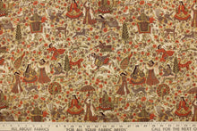 Load image into Gallery viewer, This fabric features various animals and people along with a small floral print in taupe, orange, beige, tan, green, brown and cream . 
