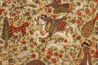 This fabric features various animals and people along with a small floral print in taupe, orange, beige, tan, green, brown and cream . 
