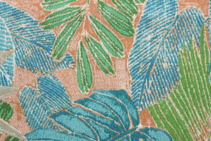  Batik Leaves is a water-repellent outdoor fabric featuring a lively tropical leaf pattern in bright hues of blue, green, pale gray, and orange.  With its durable 15,000 double rubs finish, this fabric is perfect for any outdoor space.  Uses include cushions, tablecloths, upholstery projects, decorative pillows and craft projects. This fabric has a slightly stiff feel but is easy to work with.  