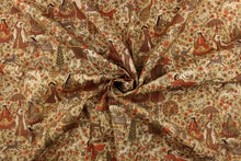 Load image into Gallery viewer, This fabric features various animals and people along with a small floral print in taupe, orange, beige, tan, green, brown and cream . 
