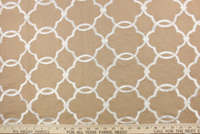 Load image into Gallery viewer, This fabric features a embroidery lattice design in a shiny dull white against a tan background.
