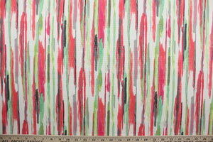 All Lined Up is an outdoor fabric that features a bold, vibrant, and multi-colored abstract line design. Made up of shades of coral, green, white, and grey with hints of pink, the fabric is a sustainable solution due to its 33,000 double rubs. Perfect for those looking to make a statement in their outdoor space. Uses include cushions, tablecloths, upholstery projects, decorative pillows and craft projects. 
