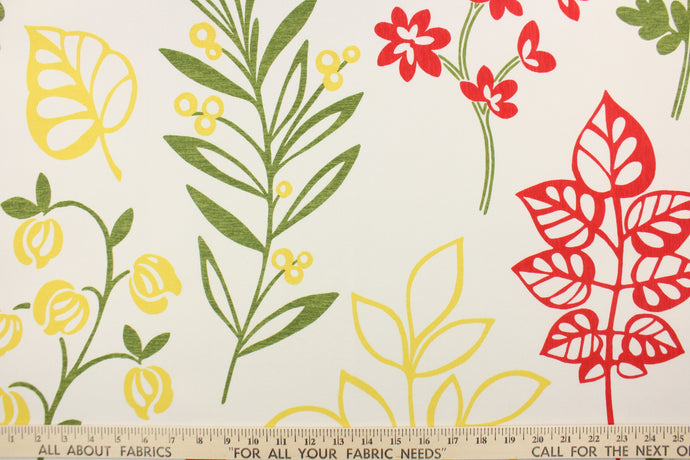 This fabric features a floral design in red, green, and yellow against a dull white. 