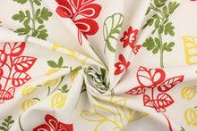 Load image into Gallery viewer, This fabric features a floral design in red, green, and yellow against a dull white. 
