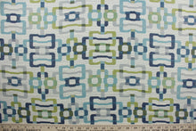 Load image into Gallery viewer, Tether Backing is a hardwearing jacquard fabric featuring a geometric pattern with shades of blue, green and gray on an off white background.  It is perfect for a variety of uses, making it a great choice for any project.  Uses include window treatments, slipcovers, table covers, cushions, pillows and upholstery.
