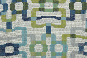 Tether Backing is a hardwearing jacquard fabric featuring a geometric pattern with shades of blue, green and gray on an off white background.  It is perfect for a variety of uses, making it a great choice for any project.  Uses include window treatments, slipcovers, table covers, cushions, pillows and upholstery.