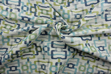 Load image into Gallery viewer, Tether Backing is a hardwearing jacquard fabric featuring a geometric pattern with shades of blue, green and gray on an off white background.  It is perfect for a variety of uses, making it a great choice for any project.  Uses include window treatments, slipcovers, table covers, cushions, pillows and upholstery.
