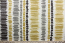 Load image into Gallery viewer, Merson is a multi-purpose fabric featuring a striped ikat design in gray, black, gold, and off white.  The versatile fabric is perfect for window accents (draperies, valances, curtains and swags) cornice boards, accent pillows, bedding, headboards, cushions, ottomans, slipcovers and upholstery.  
