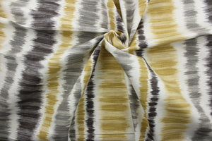 Merson is a multi-purpose fabric featuring a striped ikat design in gray, black, gold, and off white.  The versatile fabric is perfect for window accents (draperies, valances, curtains and swags) cornice boards, accent pillows, bedding, headboards, cushions, ottomans, slipcovers and upholstery.  