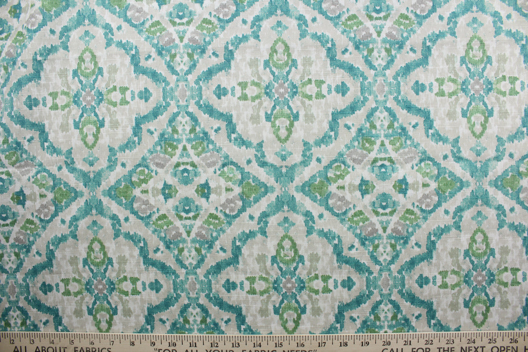Seen & Heard is a multi-purpose fabric featuring a trellis design in a stylish combination of teal, aqua and gray.  This fabric is also exceptionally durable, providing you with up to 39,000 double rubs. The versatile fabric is perfect for window accents (draperies, valances, curtains and swags) cornice boards, accent pillows, bedding, headboards, cushions, ottomans, slipcovers and upholstery.  