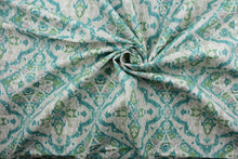 Load image into Gallery viewer, Seen &amp; Heard is a multi-purpose fabric featuring a trellis design in a stylish combination of teal, aqua and gray.  This fabric is also exceptionally durable, providing you with up to 39,000 double rubs. The versatile fabric is perfect for window accents (draperies, valances, curtains and swags) cornice boards, accent pillows, bedding, headboards, cushions, ottomans, slipcovers and upholstery.  
