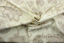 Load image into Gallery viewer, Belle Maison© Celine features a durable blend of linen and rayon with a beautiful floral pattern in blue, green, brown, and tan against a cream background. Uses include window treatments, pillow shams, duvet covers, toss pillows, slip covers, and light duty upholstery to create a complete interior design look.
