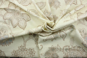 Belle Maison© Celine features a durable blend of linen and rayon with a beautiful floral pattern in blue, green, brown, and tan against a cream background. Uses include window treatments, pillow shams, duvet covers, toss pillows, slip covers, and light duty upholstery to create a complete interior design look.