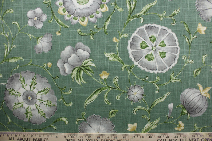 Roundelay offers a timeless floral and vine print with grey, white and dull gold against a spruce green background.  The fabric is soil and stain repellant, protecting against everyday wear and tear for a long lasting look.  The versatile fabric is perfect for window accents (draperies, valances, curtains and swags) cornice boards, accent pillows, bedding, headboards, cushions, ottomans, slipcovers and light duty upholstery.  