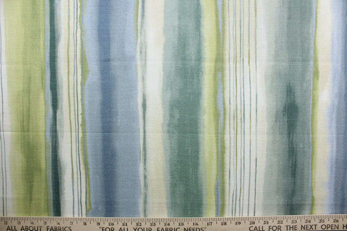   Albin is a versatile multipurpose fabric featuring a subtle, wavy striped design and a tranquil color palette of blue, teal, green, and off-white. This fabric is designed to stand up to a variety of uses and offers up to 15,000 double rubs without showing signs of wear.  It has a soil and stain repellant finish making it perfect for window accents (draperies, valances, curtains and swags) cornice boards, accent pillows, bedding, headboards, cushions, ottomans, slipcovers and light duty upholstery.  