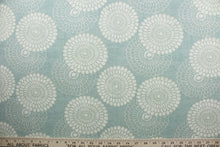 Load image into Gallery viewer, Pasadena is a multi use fabric featuring a retro floral design in off white against an aqua background.  The fabric is strong and durable with 42,000 double rubs.  The versatile fabric is perfect for window accents (draperies, valances, curtains and swags) cornice boards, accent pillows, bedding, headboards, cushions, ottomans, slipcovers and upholstery.  
