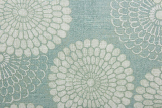 Pasadena is a multi use fabric featuring a retro floral design in off white against an aqua background.  The fabric is strong and durable with 42,000 double rubs.  The versatile fabric is perfect for window accents (draperies, valances, curtains and swags) cornice boards, accent pillows, bedding, headboards, cushions, ottomans, slipcovers and upholstery.  