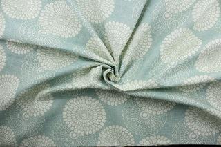 Pasadena is a multi use fabric featuring a retro floral design in off white against an aqua background.  The fabric is strong and durable with 42,000 double rubs.  The versatile fabric is perfect for window accents (draperies, valances, curtains and swags) cornice boards, accent pillows, bedding, headboards, cushions, ottomans, slipcovers and upholstery.  