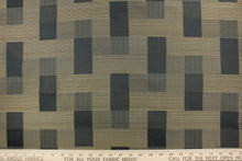 Load image into Gallery viewer, This fabric features a block design graphite, dark beige with hints of blue.  It offers beautiful design, style and color to any space in your home.  It has a soft workable feel and is perfect for window treatments (draperies, valances, curtains, and swags), bed skirts, duvet covers, light upholstery, pillow shams and accent pillows.  
