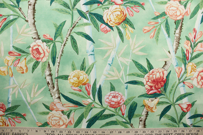 Bamboo Brook is a gorgeous fabric that features beautiful bamboo trees, delicate flowers and a variety of colors from shades of green to coral, blue, brown, and cream. This soil and stain repellant fabric is perfect for upholstery that needs to hold up in busy environments. The versatile fabric is perfect for window accents (draperies, valances, curtains and swags) cornice boards, accent pillows, bedding, headboards, cushions, ottomans, slipcovers and upholstery.  