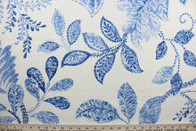 Load image into Gallery viewer, Artemis offers a charming mix of floral and leaf designs in shades of blue and white. This soil and stain repellant fabric is perfect for upholstery that needs to hold up in busy environments. The versatile fabric is perfect for window accents (draperies, valances, curtains and swags) cornice boards, accent pillows, bedding, headboards, cushions, ottomans, slipcovers and upholstery.  
