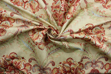 Load image into Gallery viewer,  Featuring a sophisticated medallion damask design, this product offers a coral, green, aqua and tan color palette along with a durability of 42,000 double rubs.  Perfect for window accents (draperies, valances, curtains and swags) cornice boards, accent pillows, bedding, headboards, cushions, ottomans, slipcovers and light duty upholstery.  
