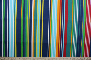 Labrisa is the perfect outdoor fabric for your creative projects.  The fabric is adorned with multi-width stripes in shades of blue, red, white, green, yellow, orange, and teal.  It's specially designed to resist fading to 500 hours of direct sunlight.  Additionally, it is both water and stain resistant, and has a durable 10,000 double rubs construction.  Perfect for porches, patios and pool side.  Uses include toss pillows, cushions, upholstery, tote bags and more.  
