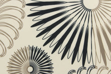 Load image into Gallery viewer, This screen printed fabric features decorative circles in brown and black on a cream background.  It can be used for several different statement projects including window accents (drapery, curtains and swags), toss pillows, bed skirts, light duty upholstery, handbags and duvet covers. It has a soft workable feel yet is stable and durable.  

